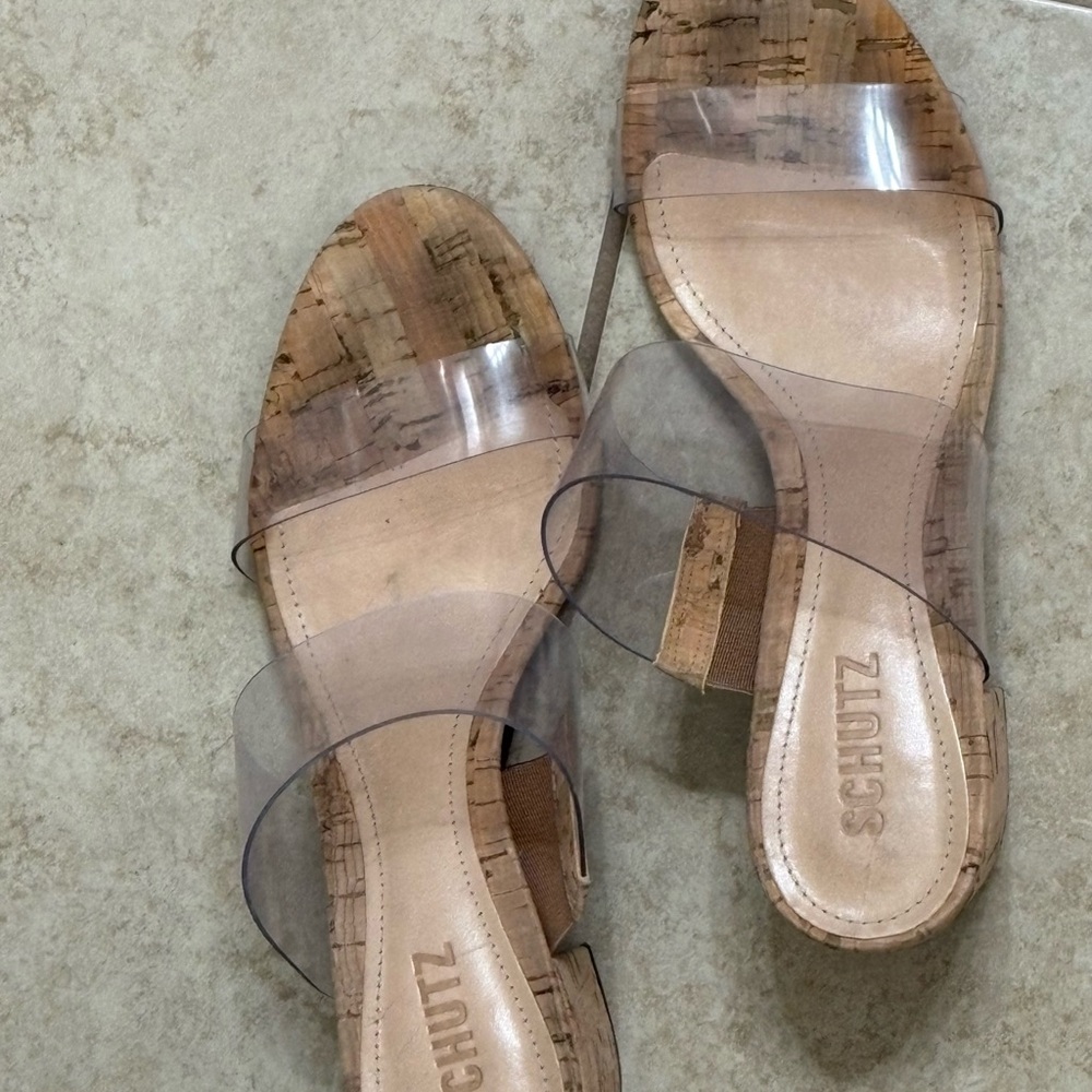 SCHUTZ Clear Strap Cork Slide Sandals in Natural/Tan - Picture 3 of 9